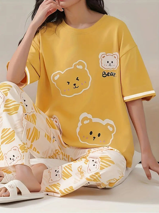 yellow 4 bear printed design night suit premium fabric for girls and woman