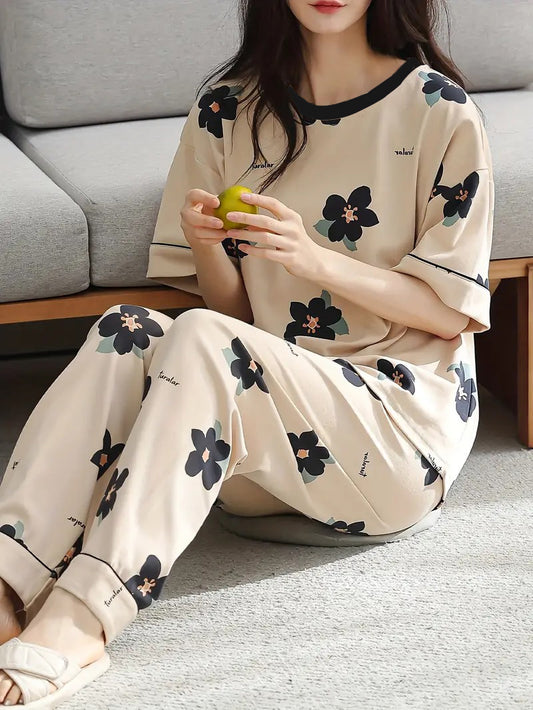 cream flower printed design night suit premium fabric for girls and woman
