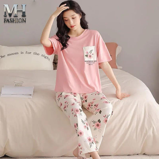 pink flower printed night suit in premium fabric cotton jarsy - M.H fashion