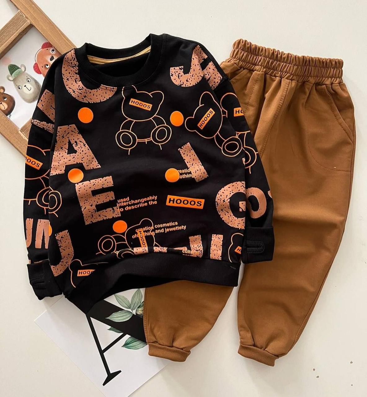 dark brown text design printed  kids suit for winter - M.H fashion