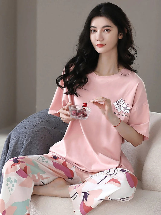 PINK WHITE FLOWER DESIGN NIGHT DRESS IN COTTON FABRIC