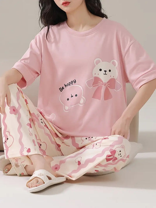pink happy bear design night suit premium fabric for girls and woman