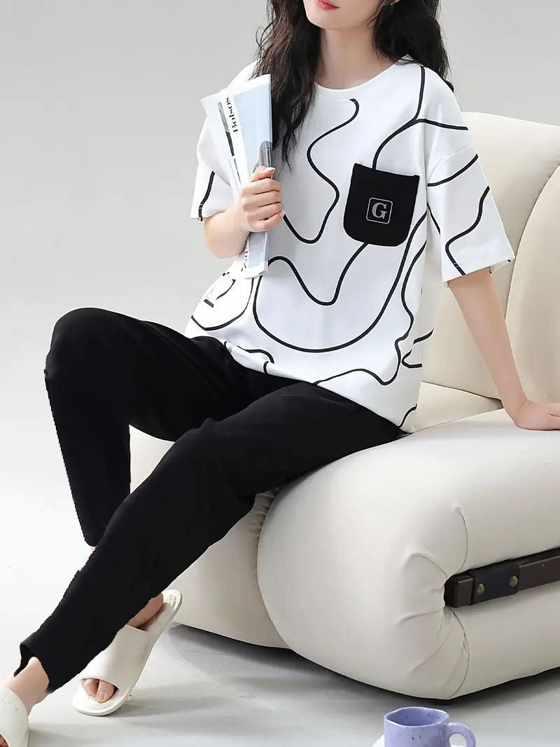 white and  black pocket  design night suit premium fabric for girls and woman