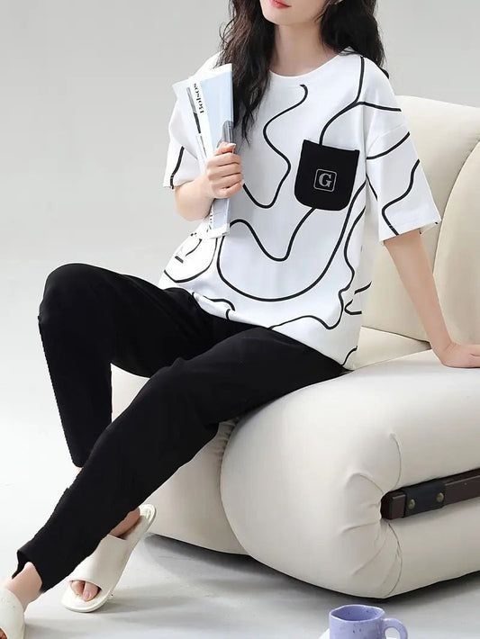 white and  black pocket  design night suit premium fabric for girls and woman
