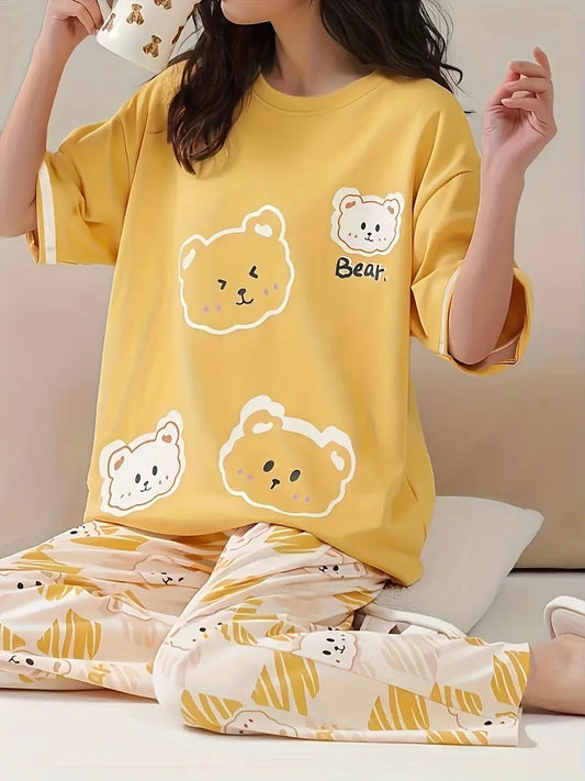 yellow 4 bear printed design night suit premium fabric for girls and woman