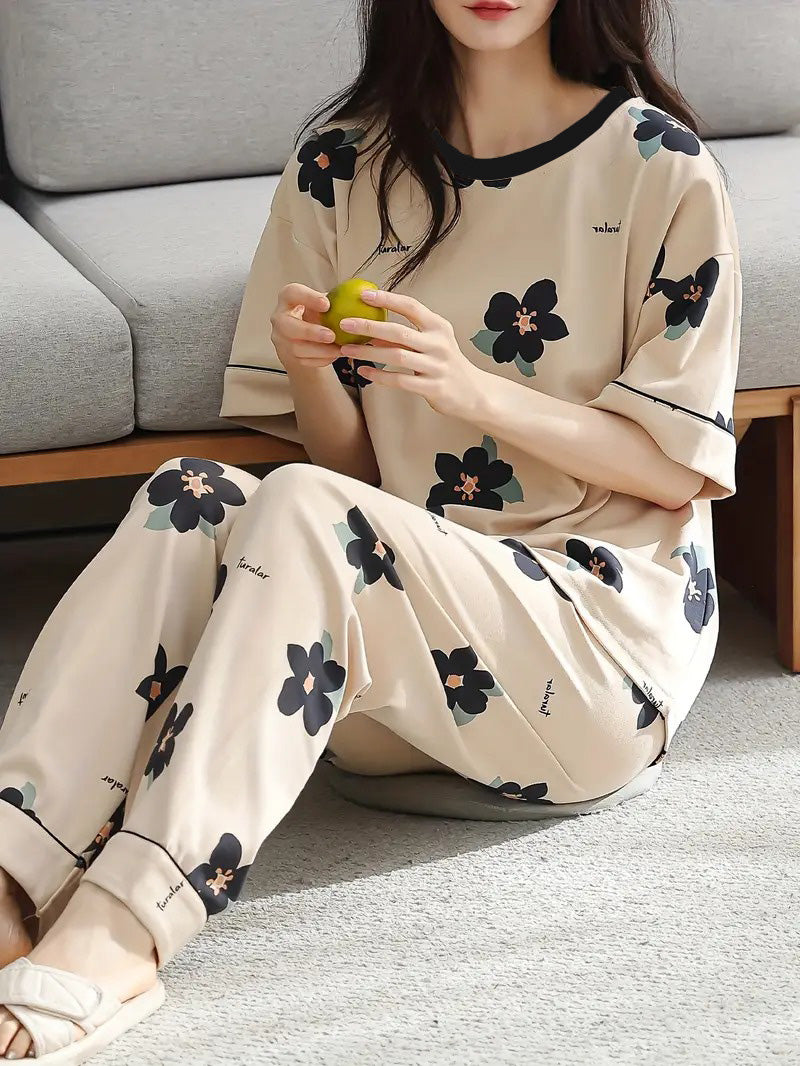 cream flower printed design night suit premium fabric for girls and woman