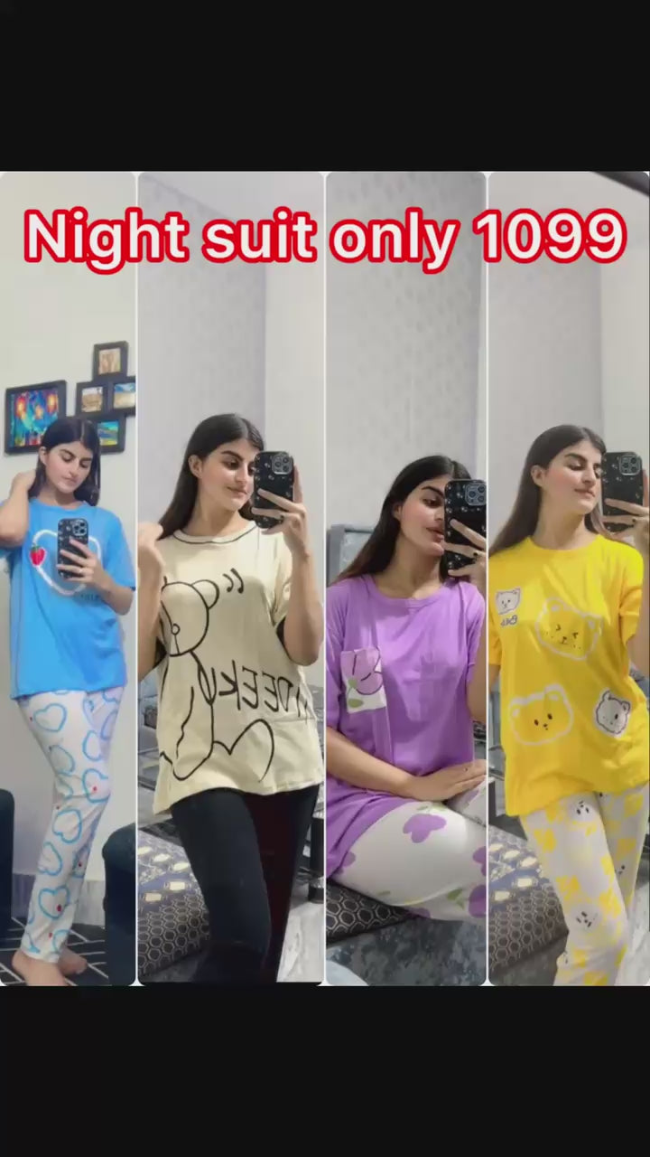 yellow 4 bear printed design night suit premium fabric for girls and woman